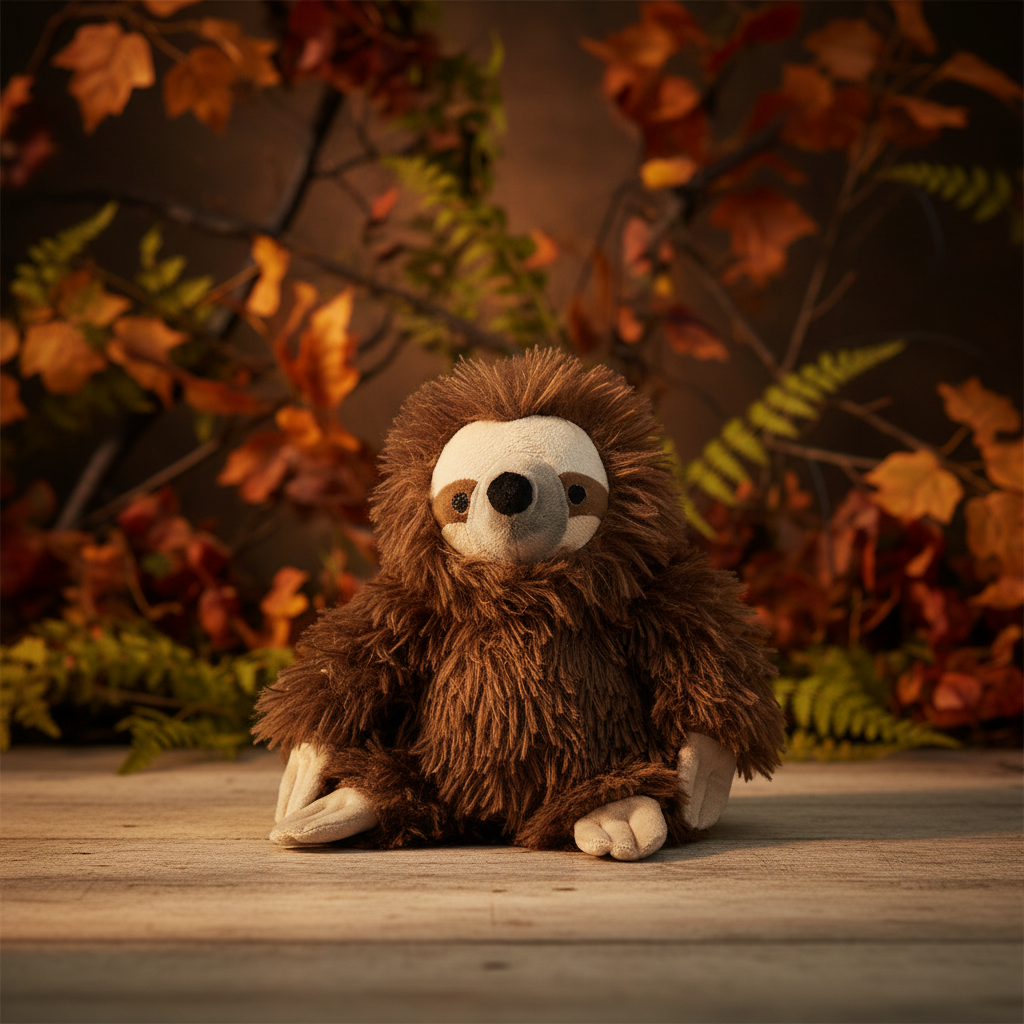 Fluffy brown sloth plush doorstop styled in a cosy autumnal woodland setting with warm amber tones and ferns