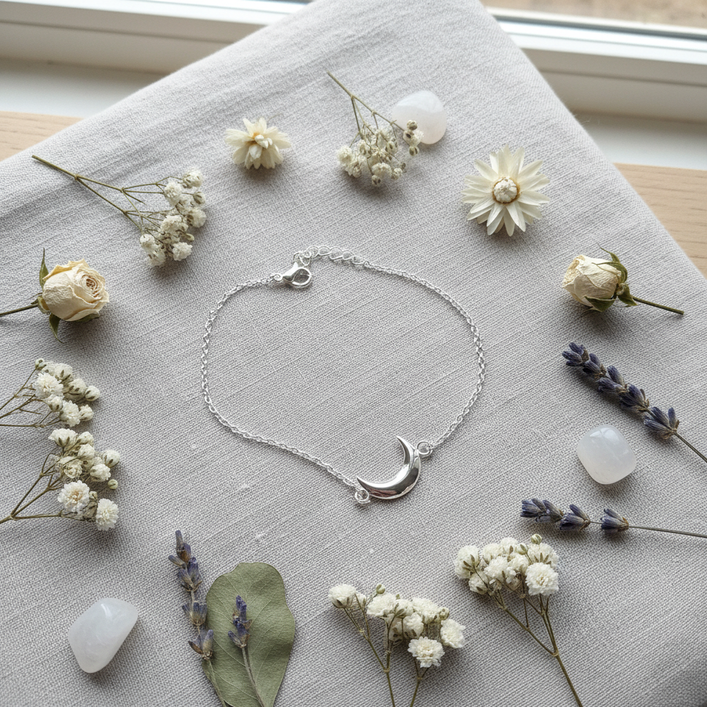 A delicate silver crescent moon bracelet with a small clear crystal accent, displayed on a light gray linen cloth surrounded by dried flowers, lavender sprigs, and white stones.
