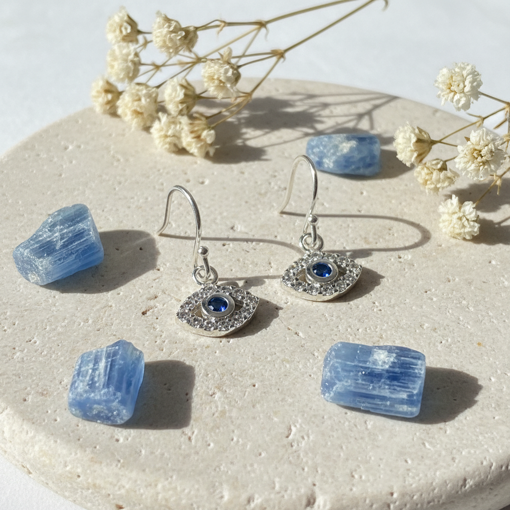 A pair of silver-toned drop earrings with evil eye charms, displayed on a round beige stone surface with dried white flowers and blue stones around them.