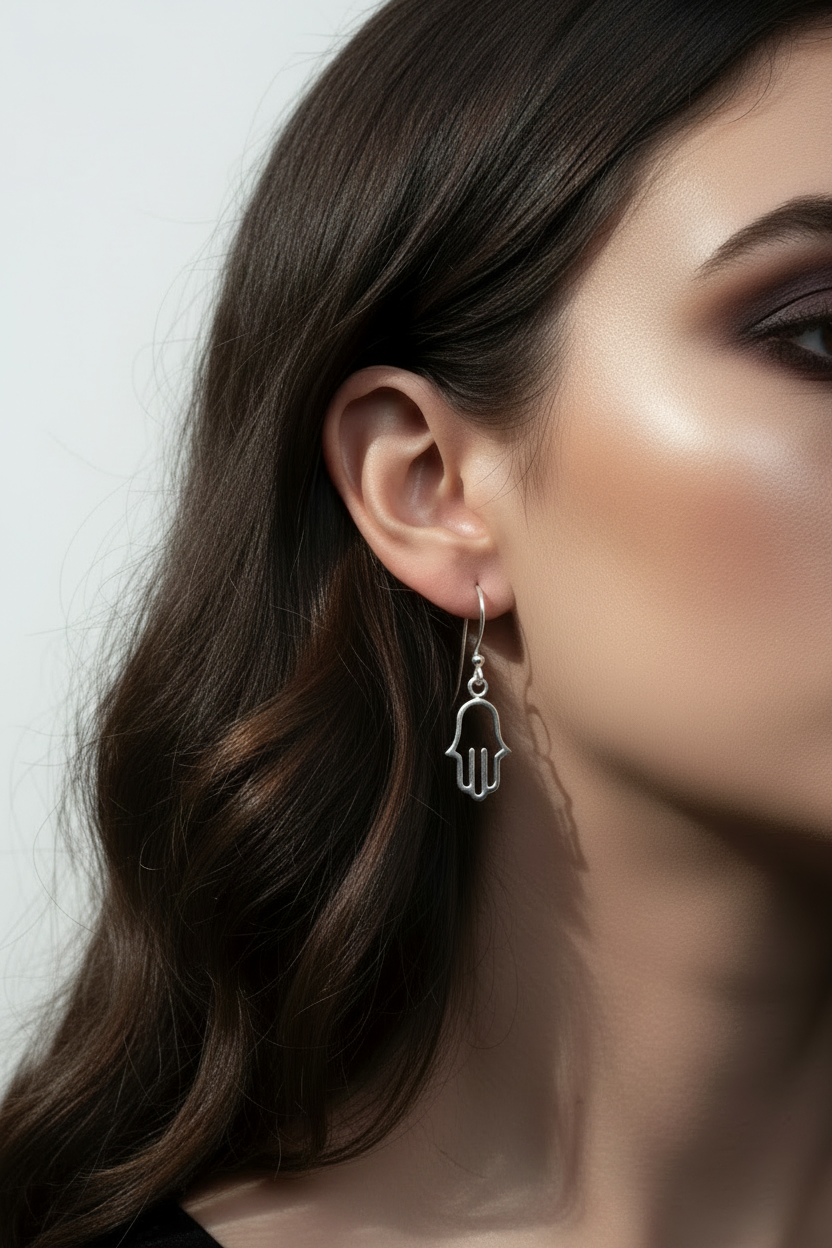 A close-up of a woman's ear wearing a silver Hamsa hand dangle earring against a light gray background.