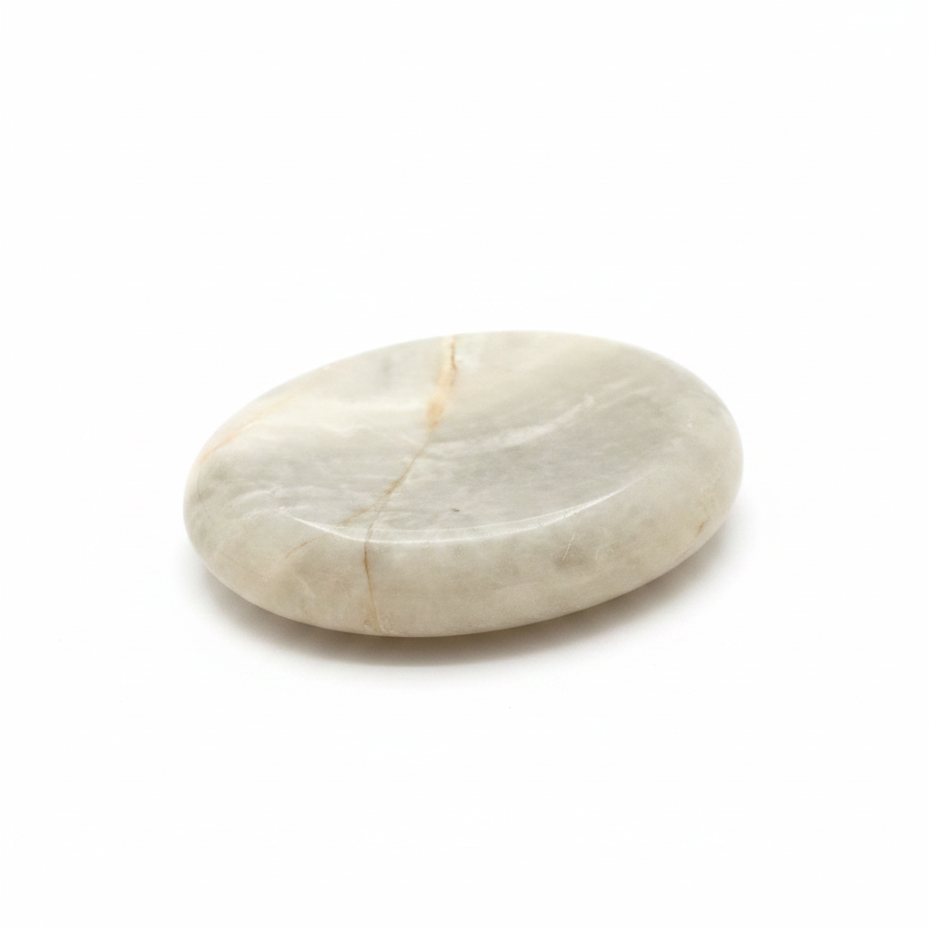 Moonstone palm stone on clean white background showing creamy white oval stone with natural cross star pattern