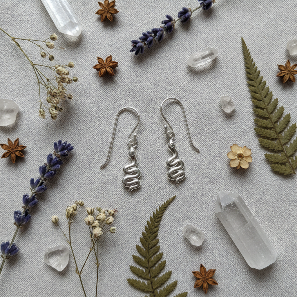 A pair of silver dangle earrings with a coiled, snake-like design, displayed on a textured light gray fabric background surrounded by dried botanicals, crystals, and star anise.