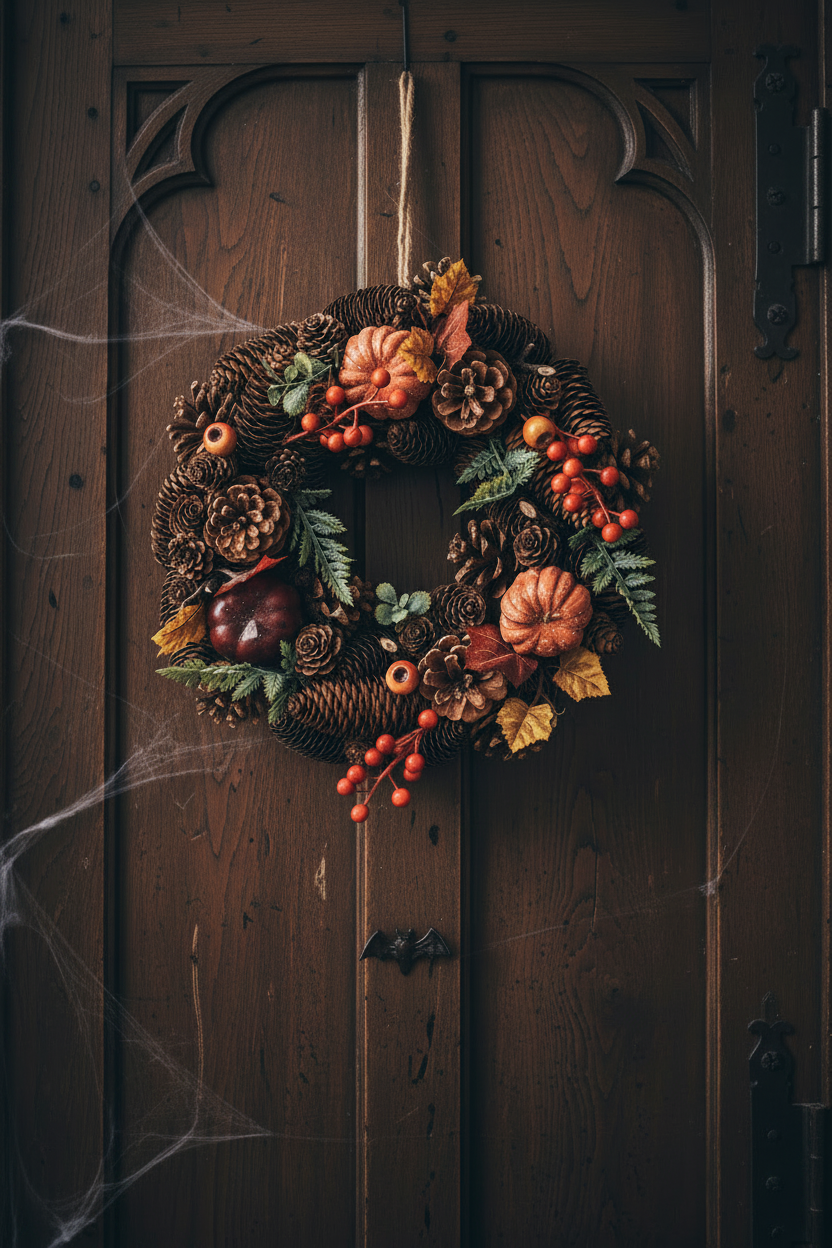 Autumn harvest wreath with pine cones, faux berries and amber leaves hung on a dark wooden front door