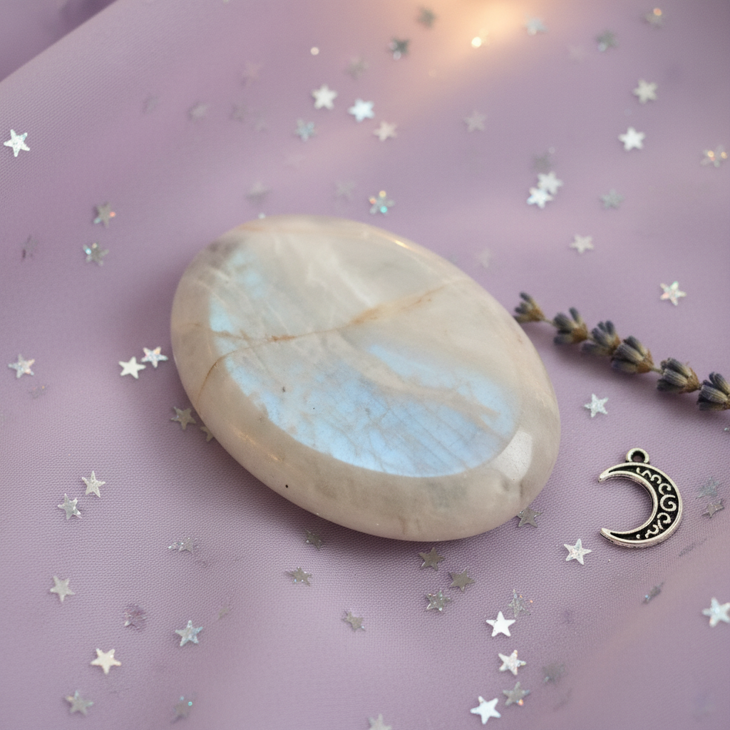 Moonstone palm stone on pale purple background with scattered silver stars