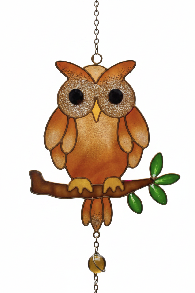 Close up detail of stained glass style amber owl perched on branch with green leaves, glittery eyes