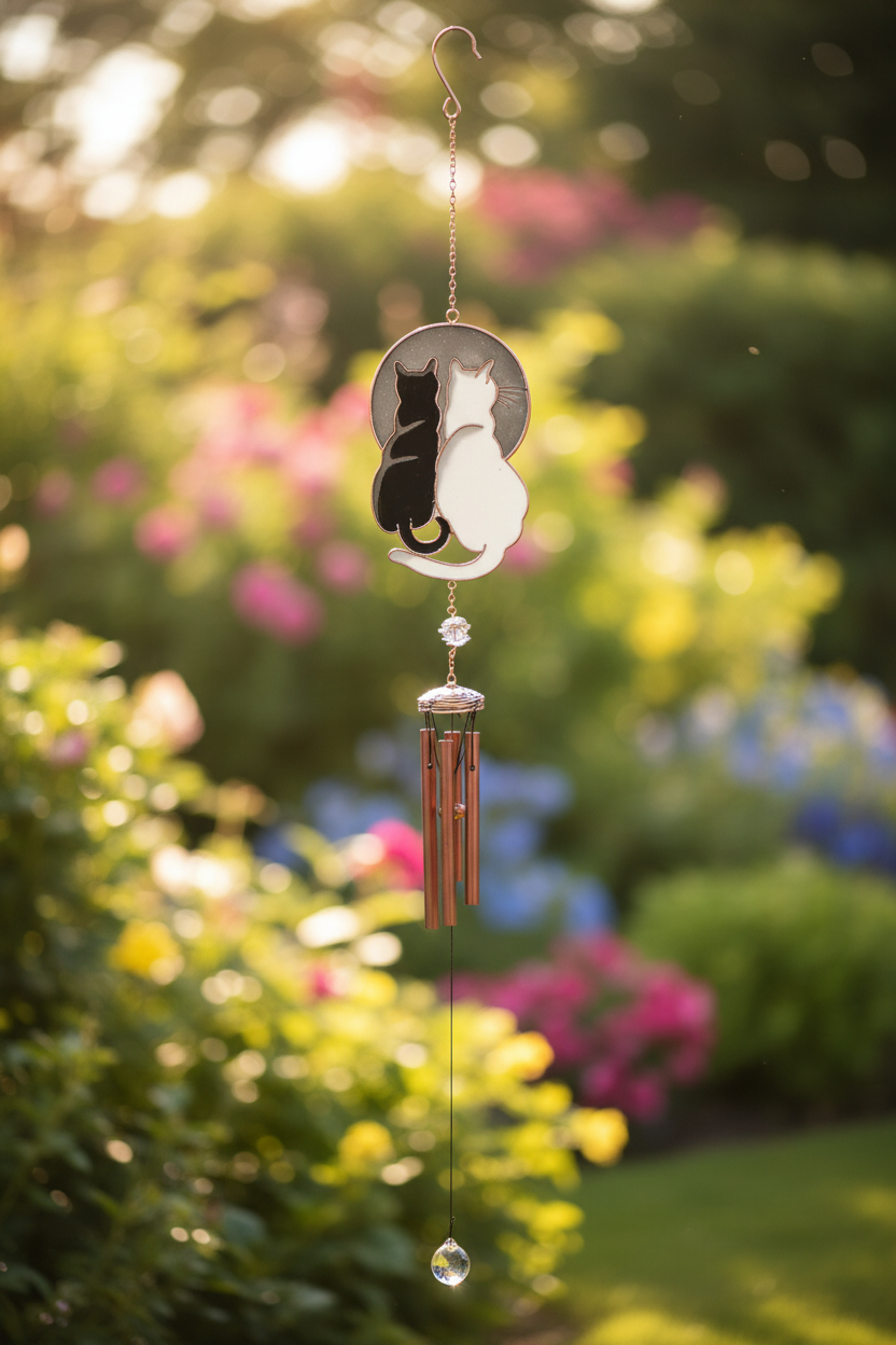 Yin yang black and white cat wind chime hanging in a garden with soft dappled light, lifestyle shot
