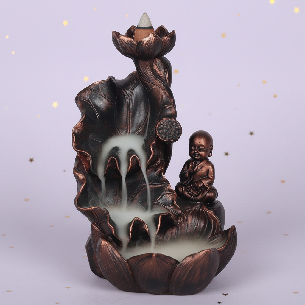 Little Monk Incense Burner — front, pale purple golden stars