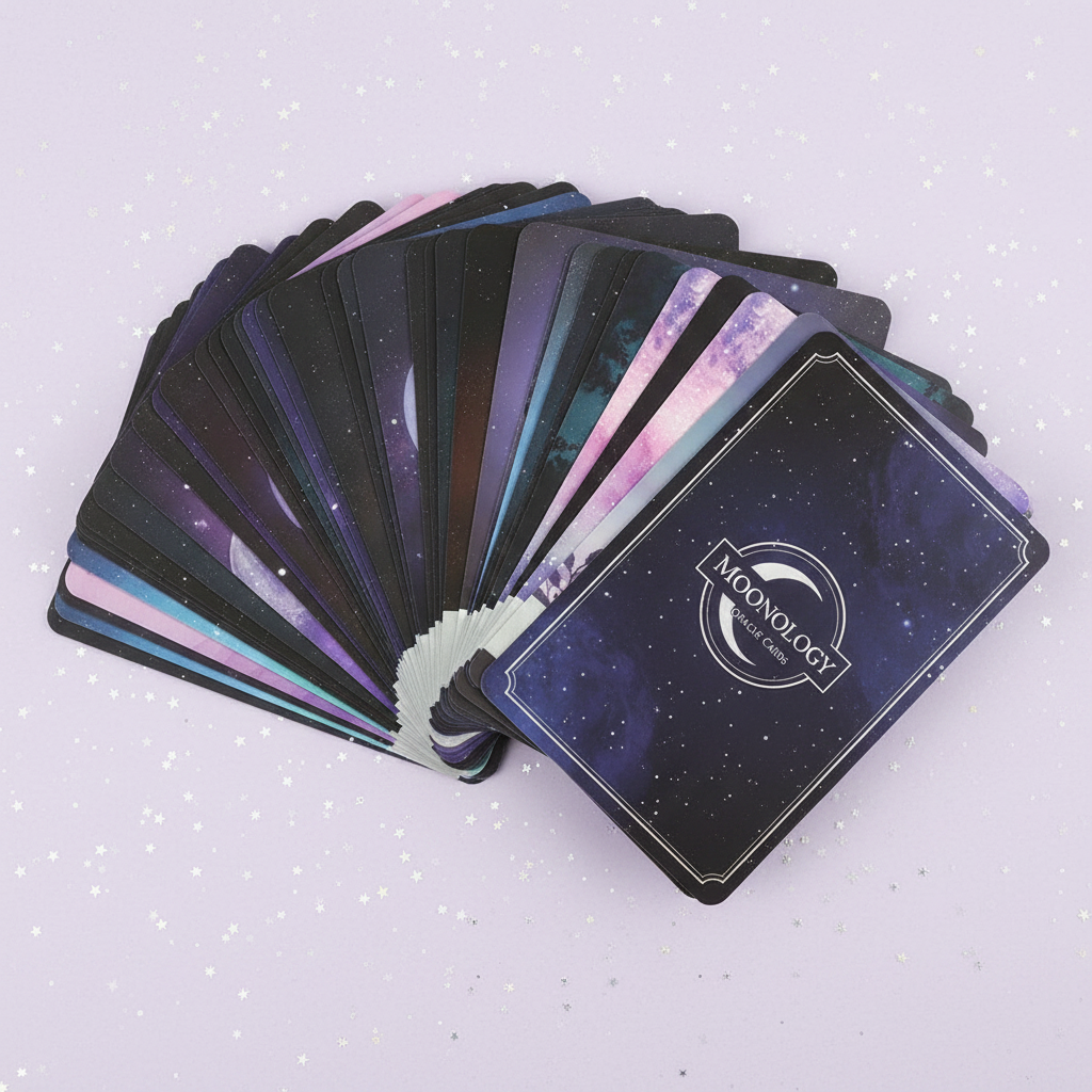 Moonology — card fan, silver stars