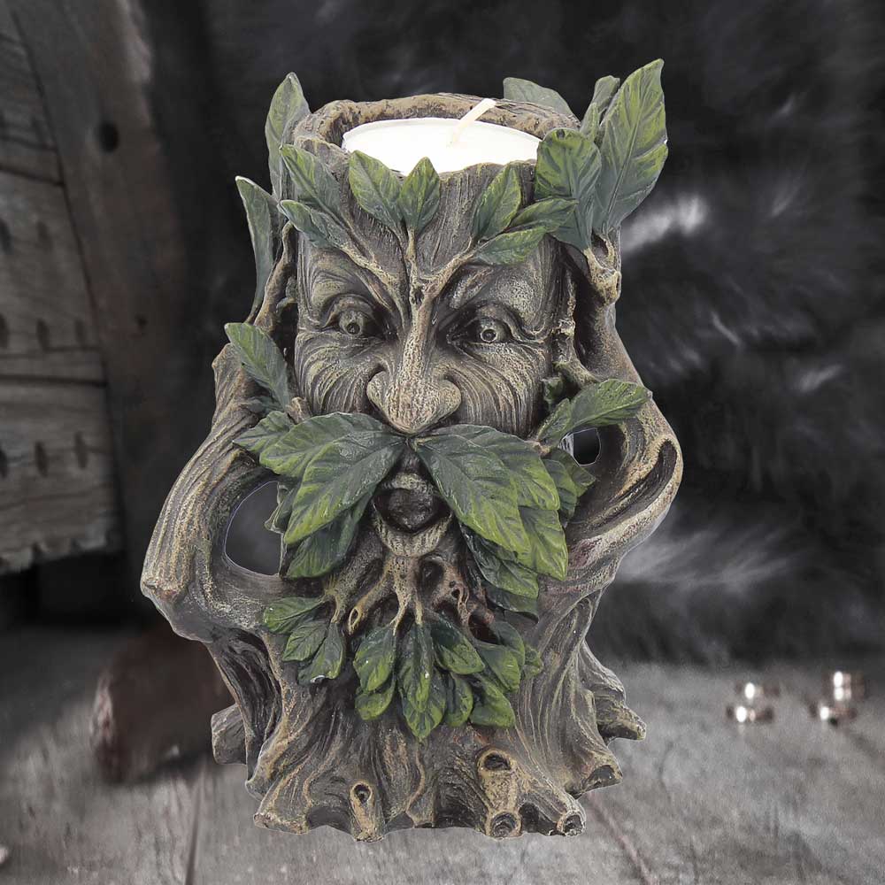 Green Man Tealight Candle Holder - moody lifestyle shot with candlelight