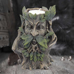 Green Man Tealight Candle Holder - moody lifestyle shot with candlelight