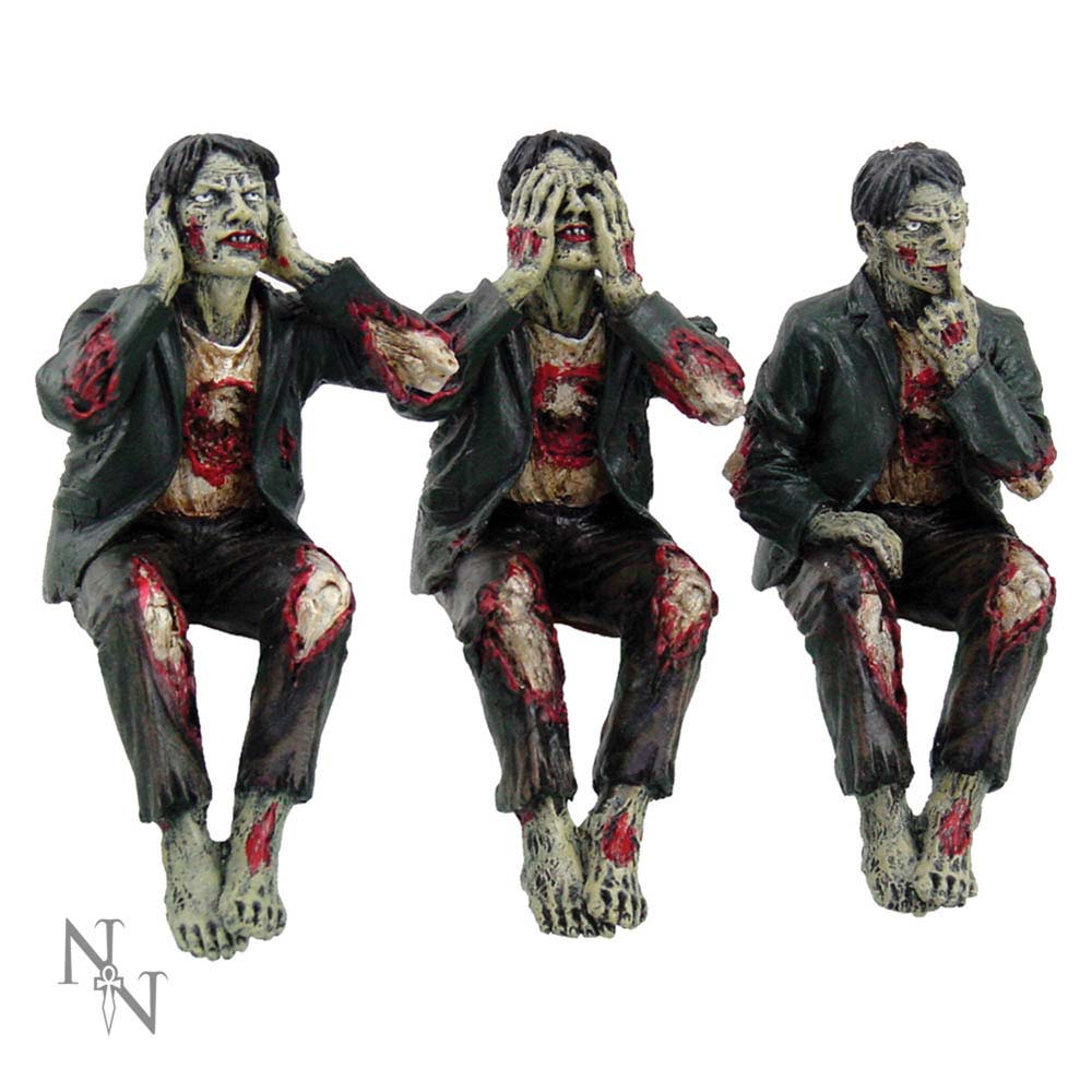 See No Evil Hear No Evil Speak No Evil Zombie Figurines - product shot on white background showing all three