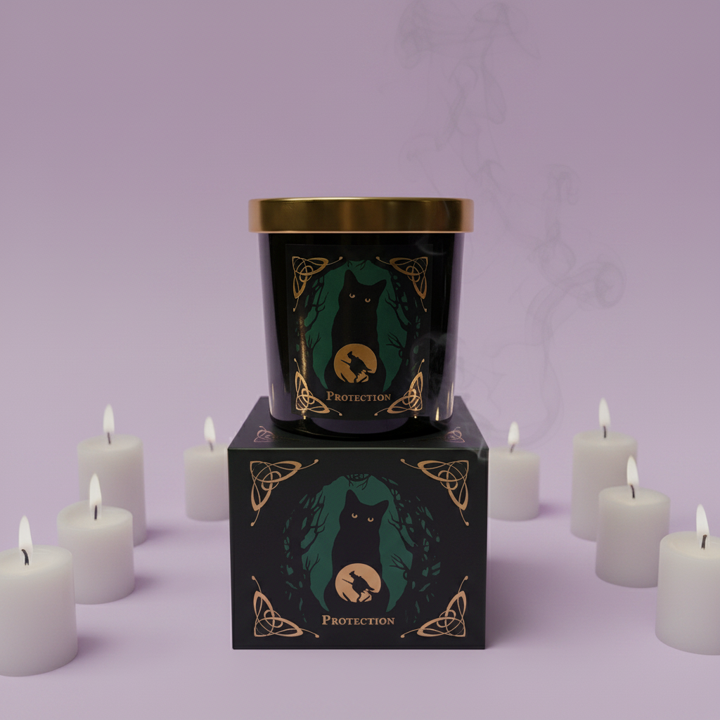 Protection Candle - jar on box with candles, lavender background