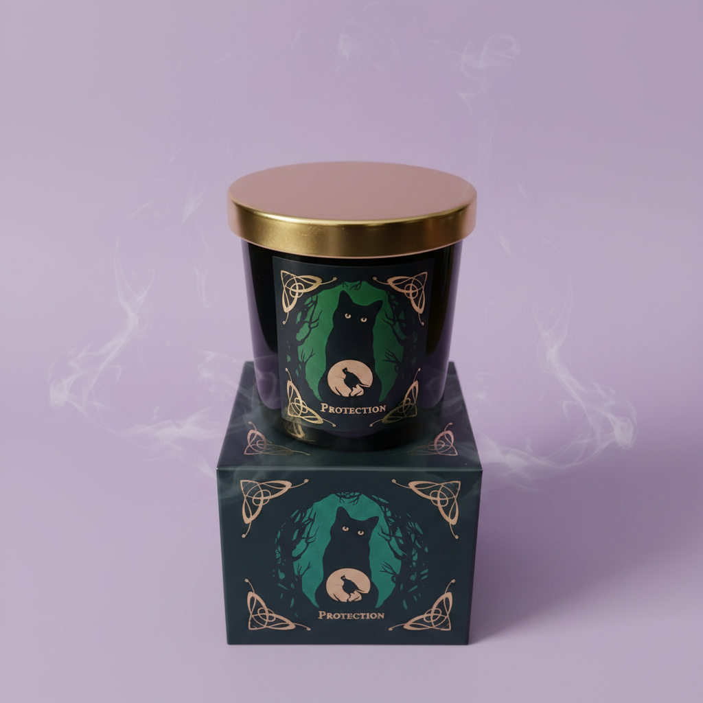 Protection Candle - jar on box with smoke, lavender background