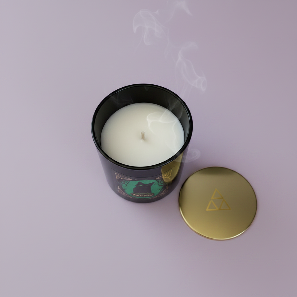 Protection Candle - top view wax and wick, lavender background