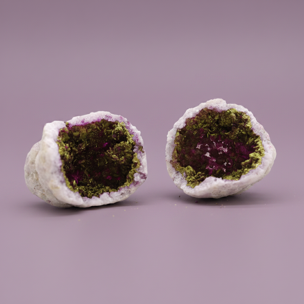 Purple Gold Geode Pair - side by side, purple background