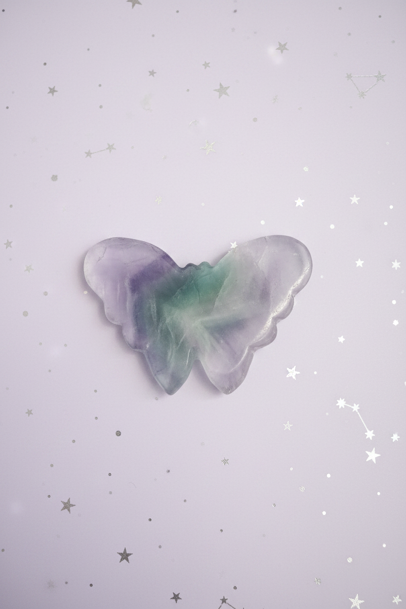 Rainbow Fluorite Butterfly - back view, pale purple stars