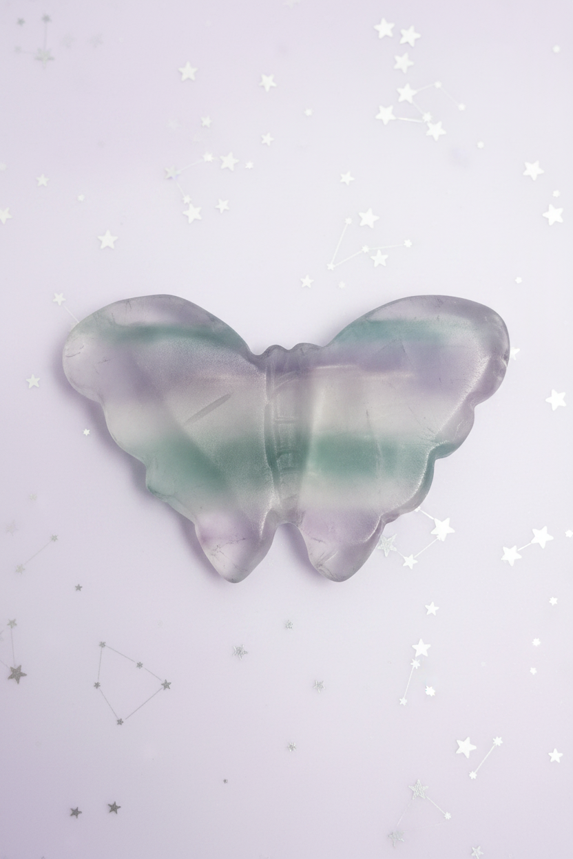 Rainbow Fluorite Butterfly Small - back view, pale purple stars