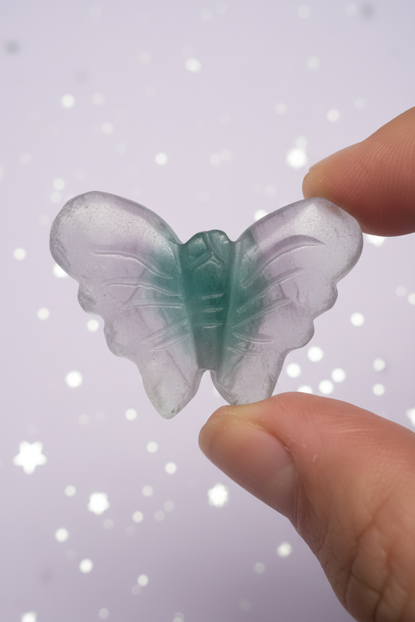 Rainbow Fluorite Butterfly - wing detail hand, pale purple stars