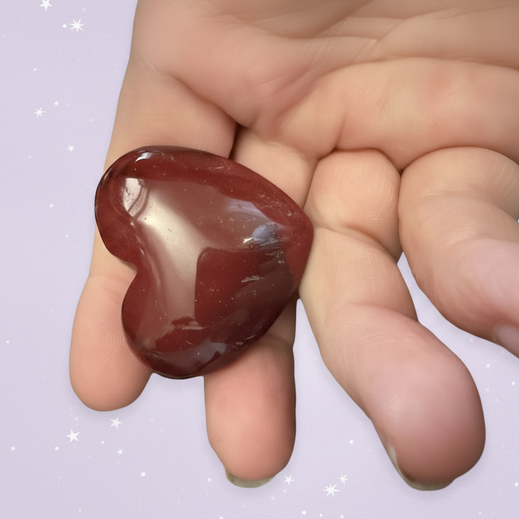 Red Jasper Heart - resting in open hand, pale purple stars