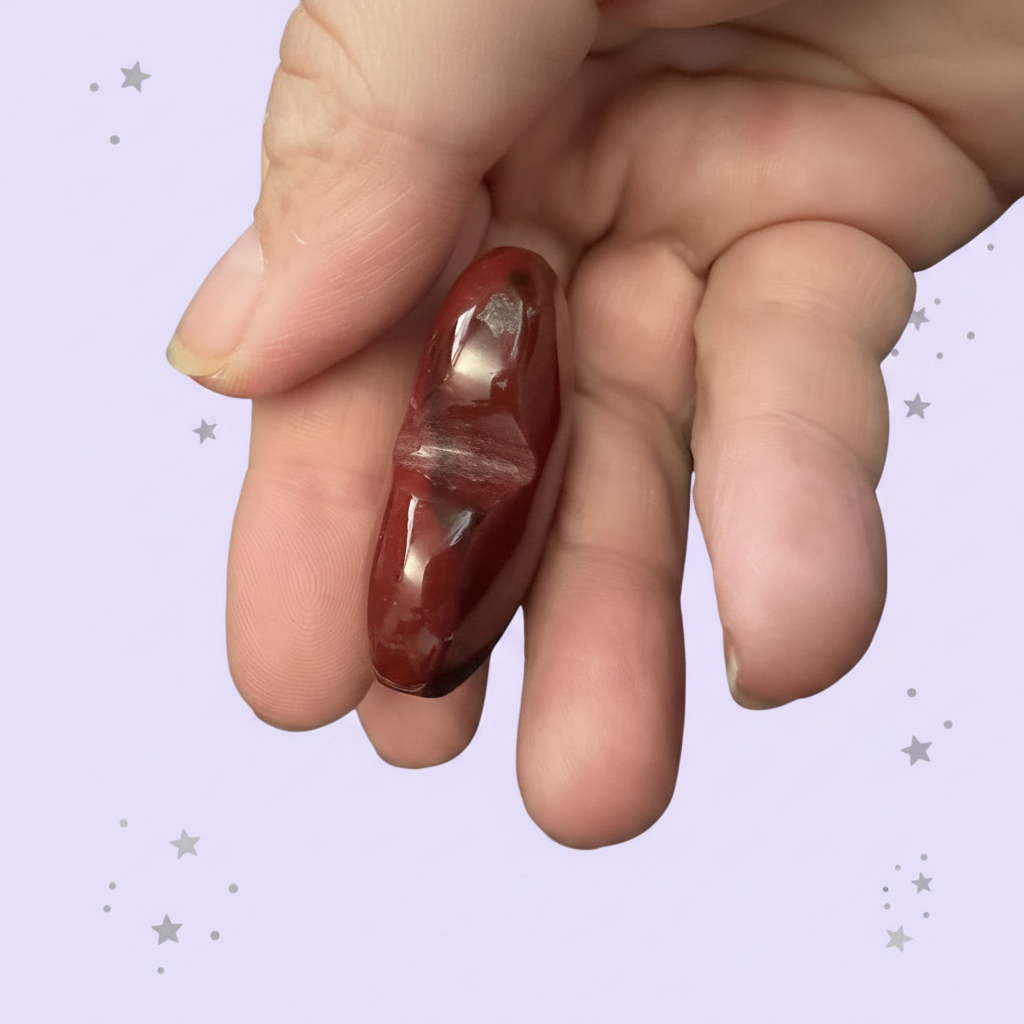Red Jasper Heart - side profile in hand, pale purple stars