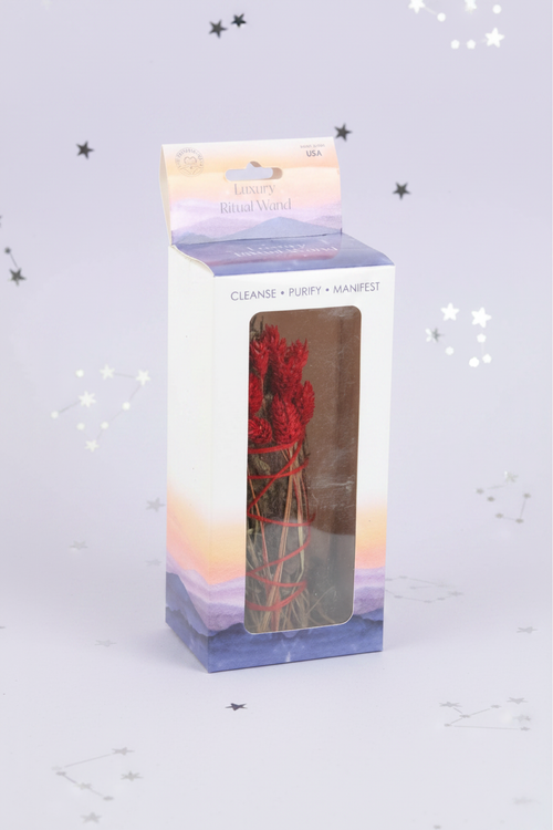 Ritual Wand - side angle in box, pale purple stars