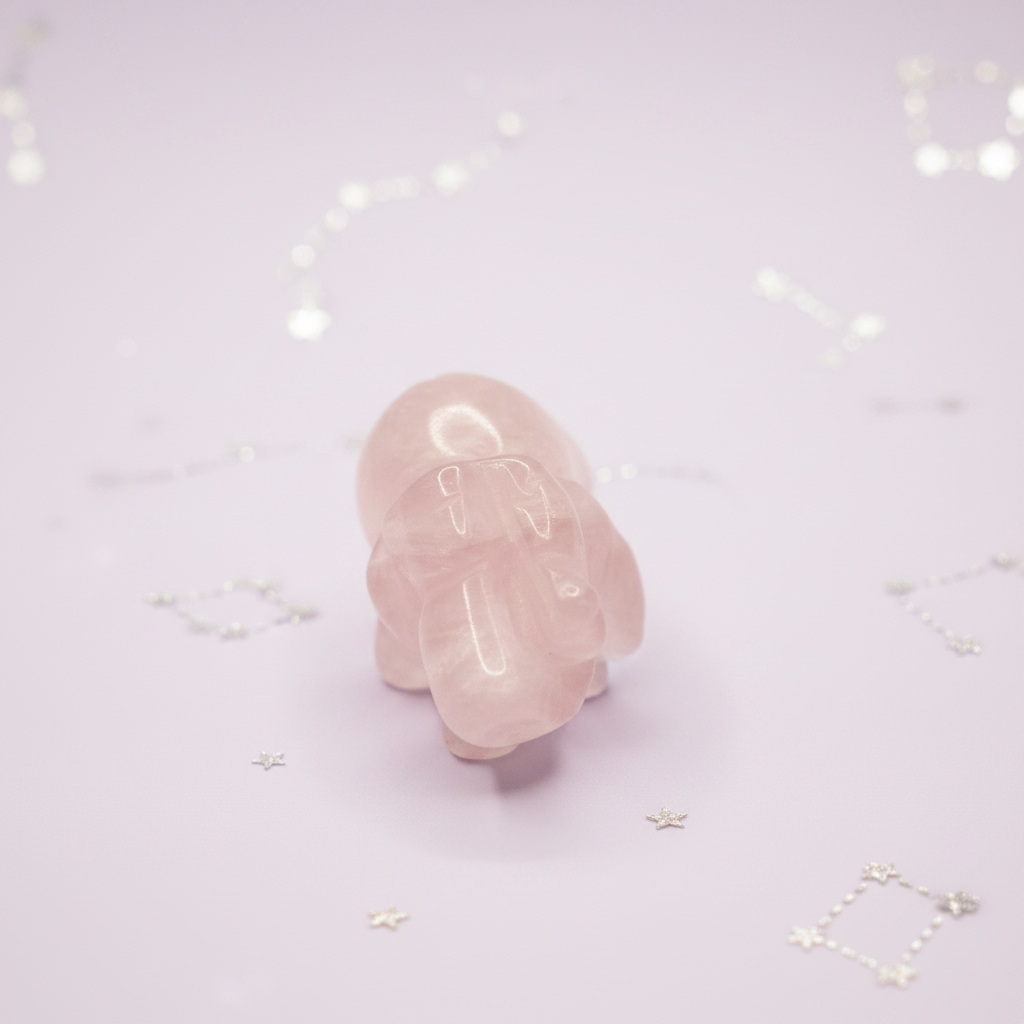 Rose Quartz Elephant - front angle, pale purple stars