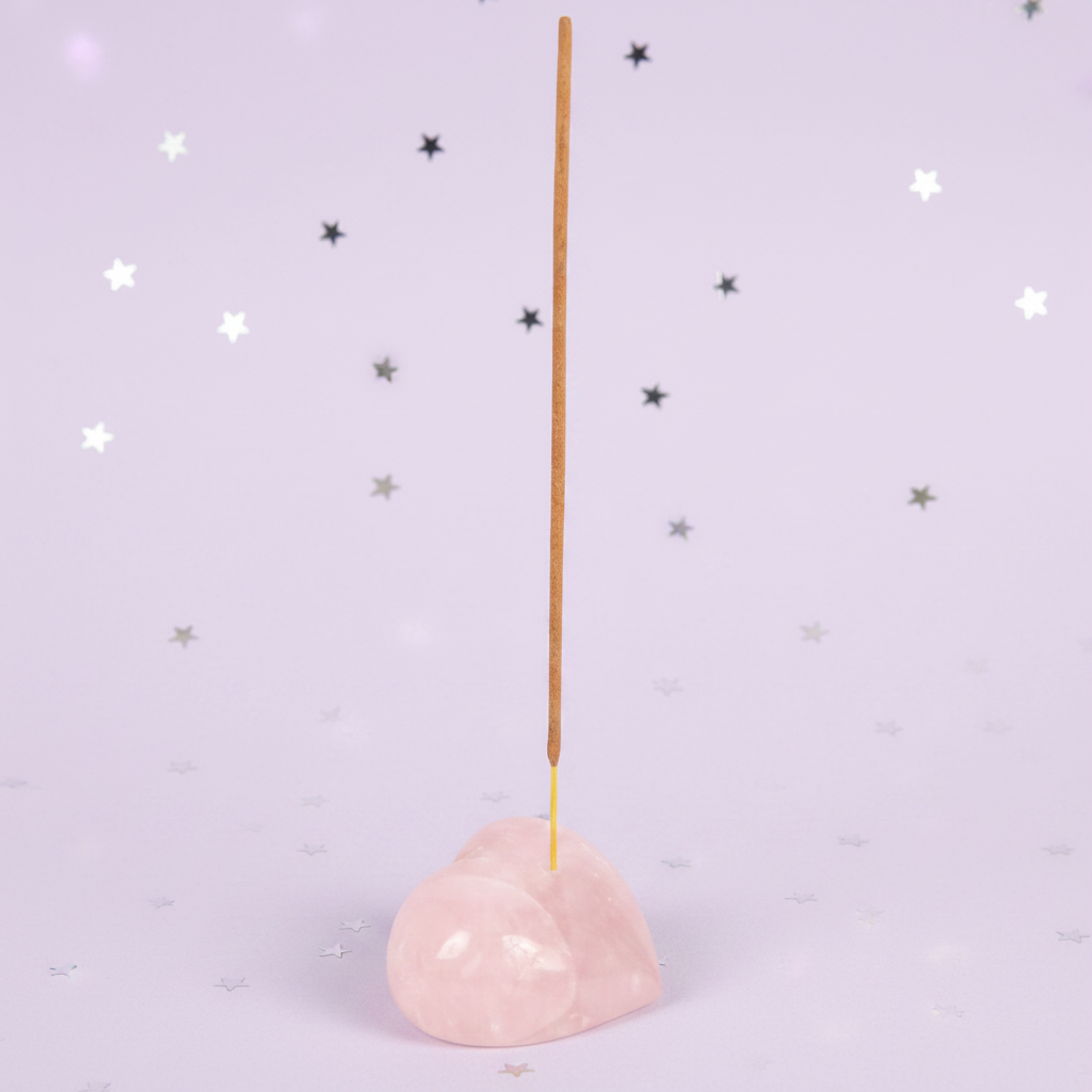 Rose Quartz Heart Incense Holder with stick — pale purple stars