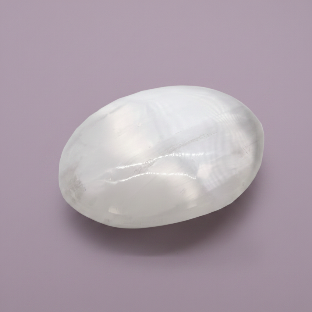 Selenite Palm Stone - plain, purple background
