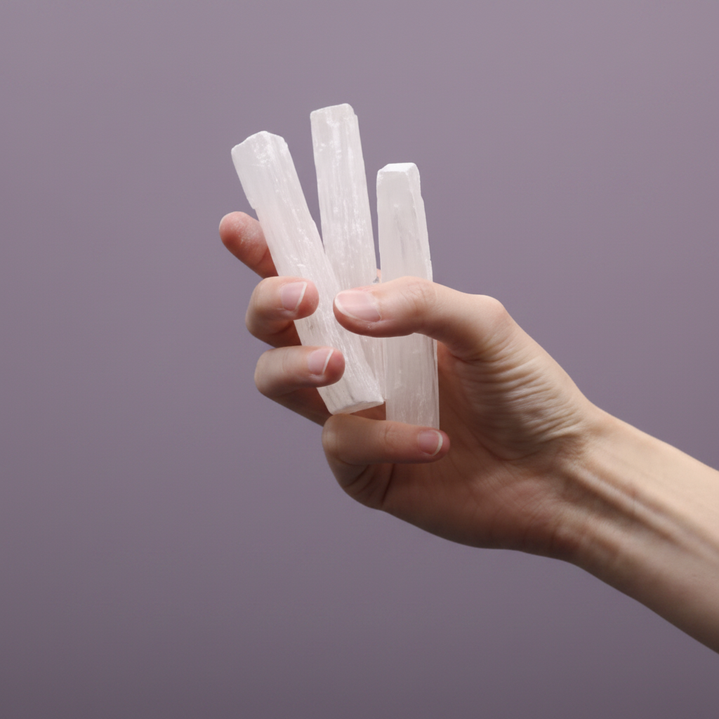 Selenite Stick - hand shot, purple background