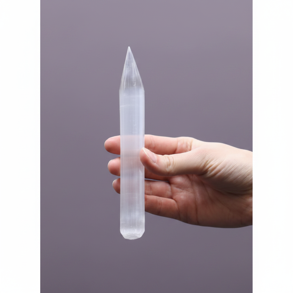 Selenite Wand - hand shot, purple background