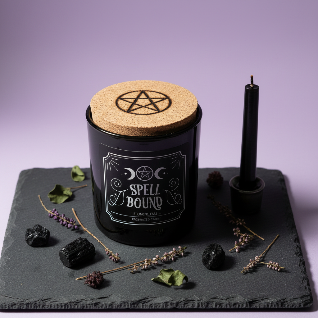 Spell Bound - jar on slate with herbs, lavender background
