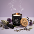 Spell Bound - lit candle with crystals, lavender background