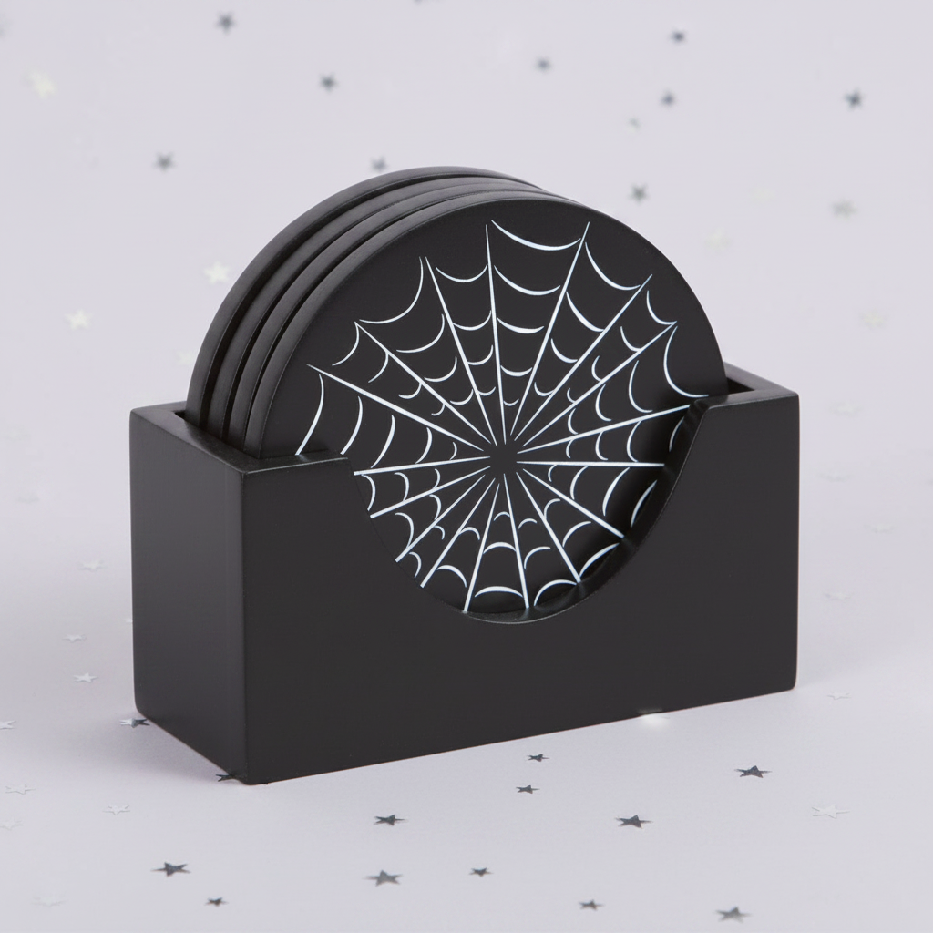 Spiderweb Coasters — holder angled, silver stars