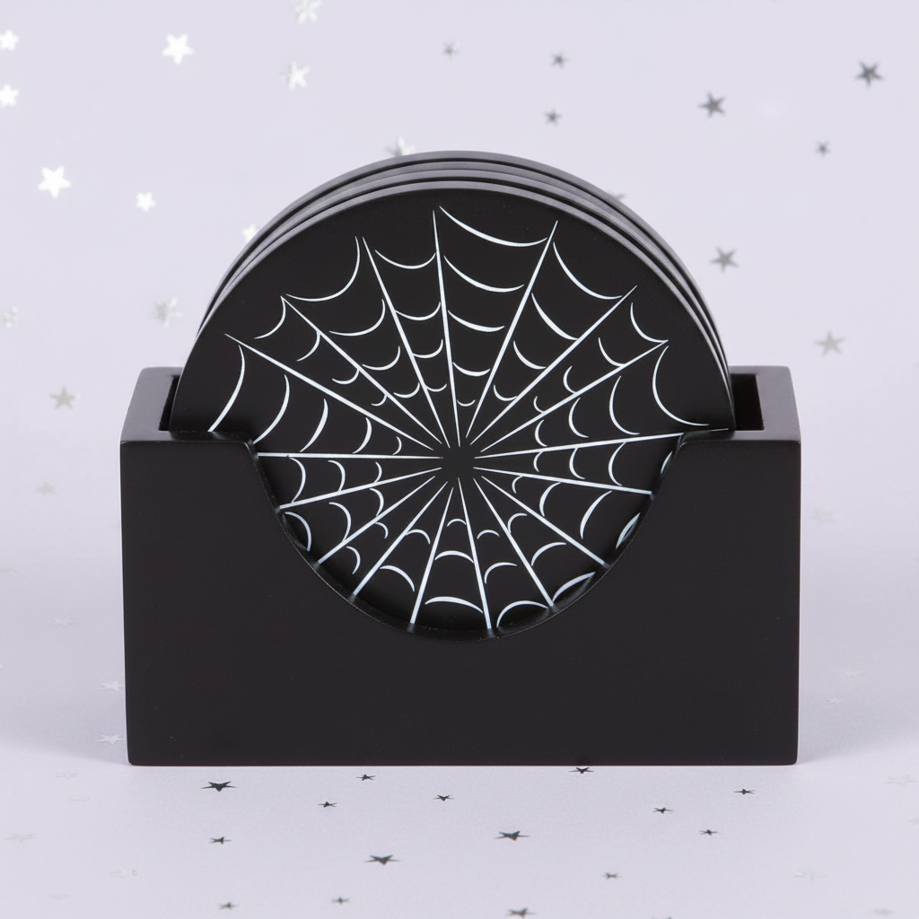 Spiderweb Coasters — holder front, silver stars