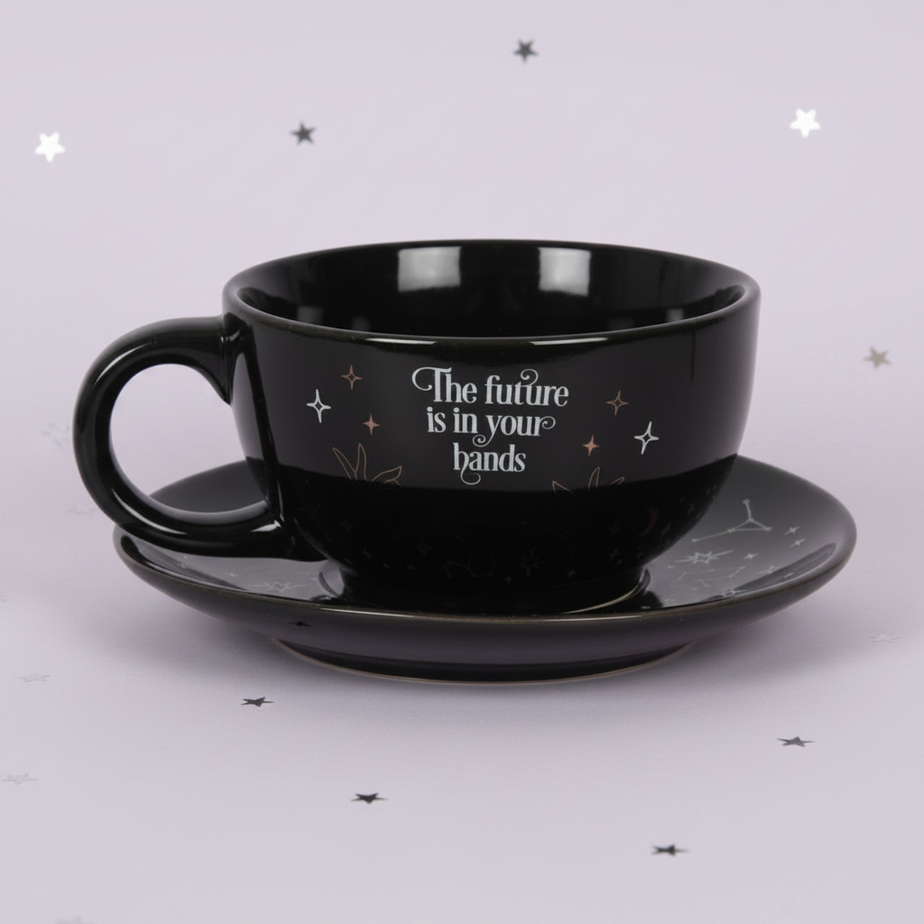 Tea For One — cup close-up, silver stars