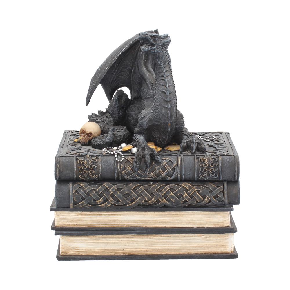 Dragon's Hoard Book Box - side view showing dragon with skull and gold coins