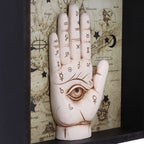 Palmistry Hand Shadow Box - close up of brass sawtooth hanger detail