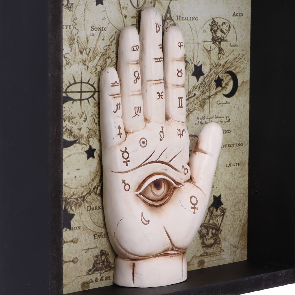 Palmistry Hand Shadow Box - close up of brass sawtooth hanger detail