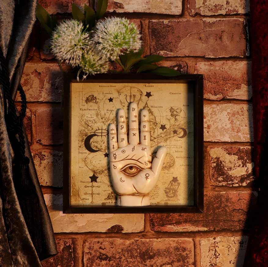 Palmistry Hand Shadow Box - front view on white background showing full plaque