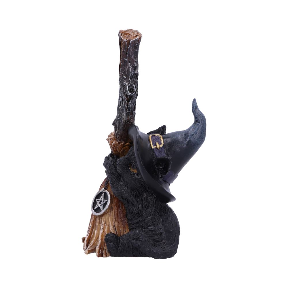 Witchy Black Cat Broomstick Figurine - rear view showing purple hat and broom handle