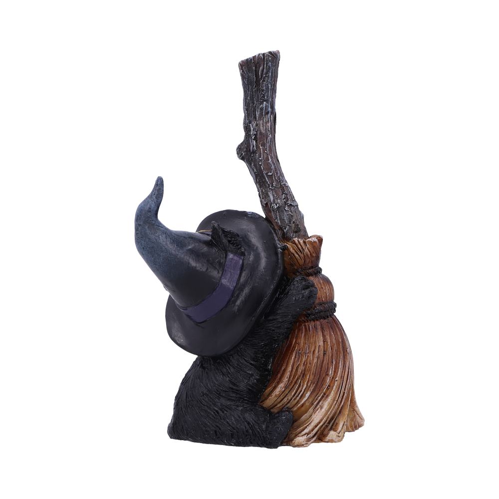 Witchy Black Cat Broomstick Figurine - side view showing black hat and pentagram charm