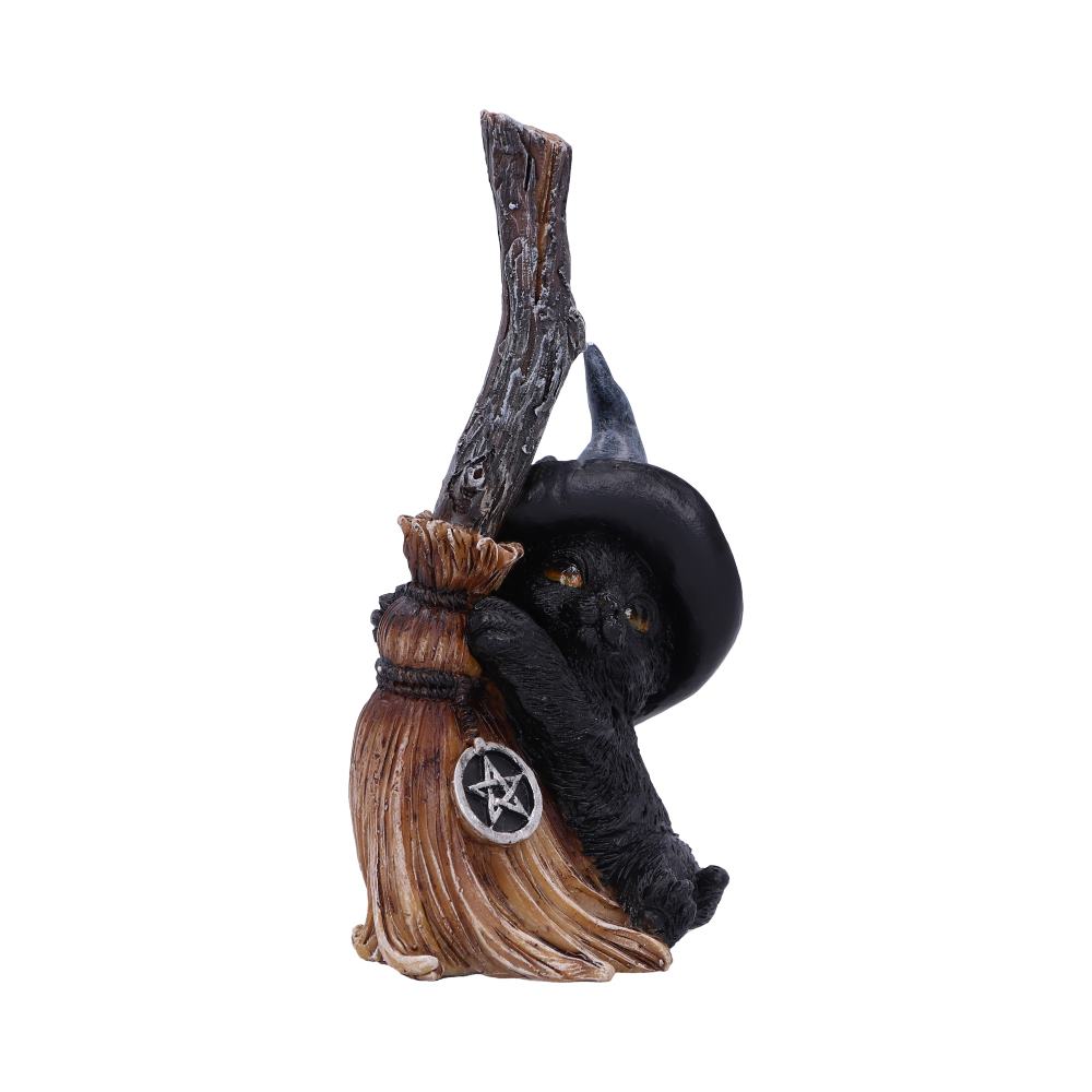 Witchy Black Cat Broomstick Figurine - close up of face and pentagram charm detail