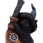 Witchy Black Cat Broomstick Figurine - front view showing purple hat with gold buckle