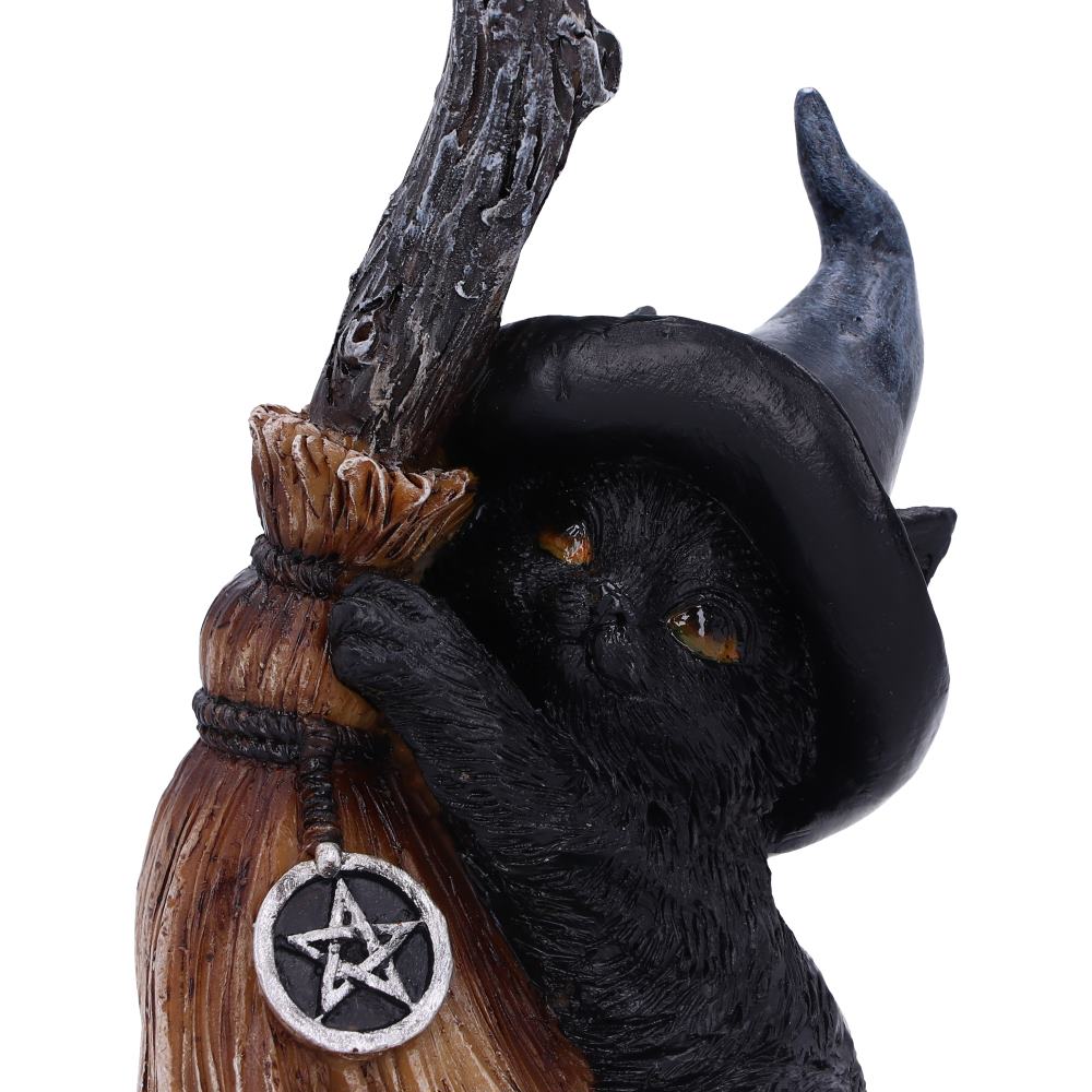 Witchy Black Cat Broomstick Figurine - front view showing purple hat with gold buckle
