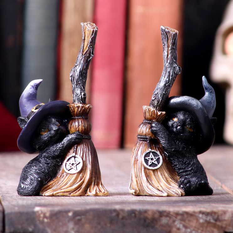 Witchy Black Cat Broomstick Figurine - product shot on white background front facing