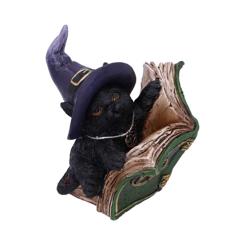 Witchy Black Cat Spell Book Figurine - rear view showing purple hat and book stack