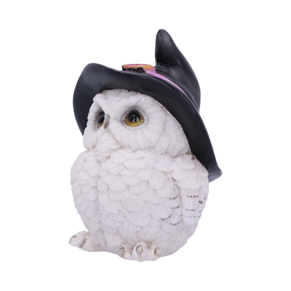 Witchy White Owl Figurine - three-quarter front view showing owl with witch hat
