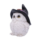 Witchy White Owl Figurine - three-quarter front view showing owl with witch hat