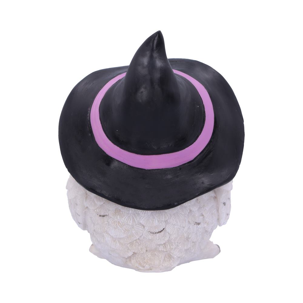 Witchy White Owl Figurine - top down view showing purple band and hat detail