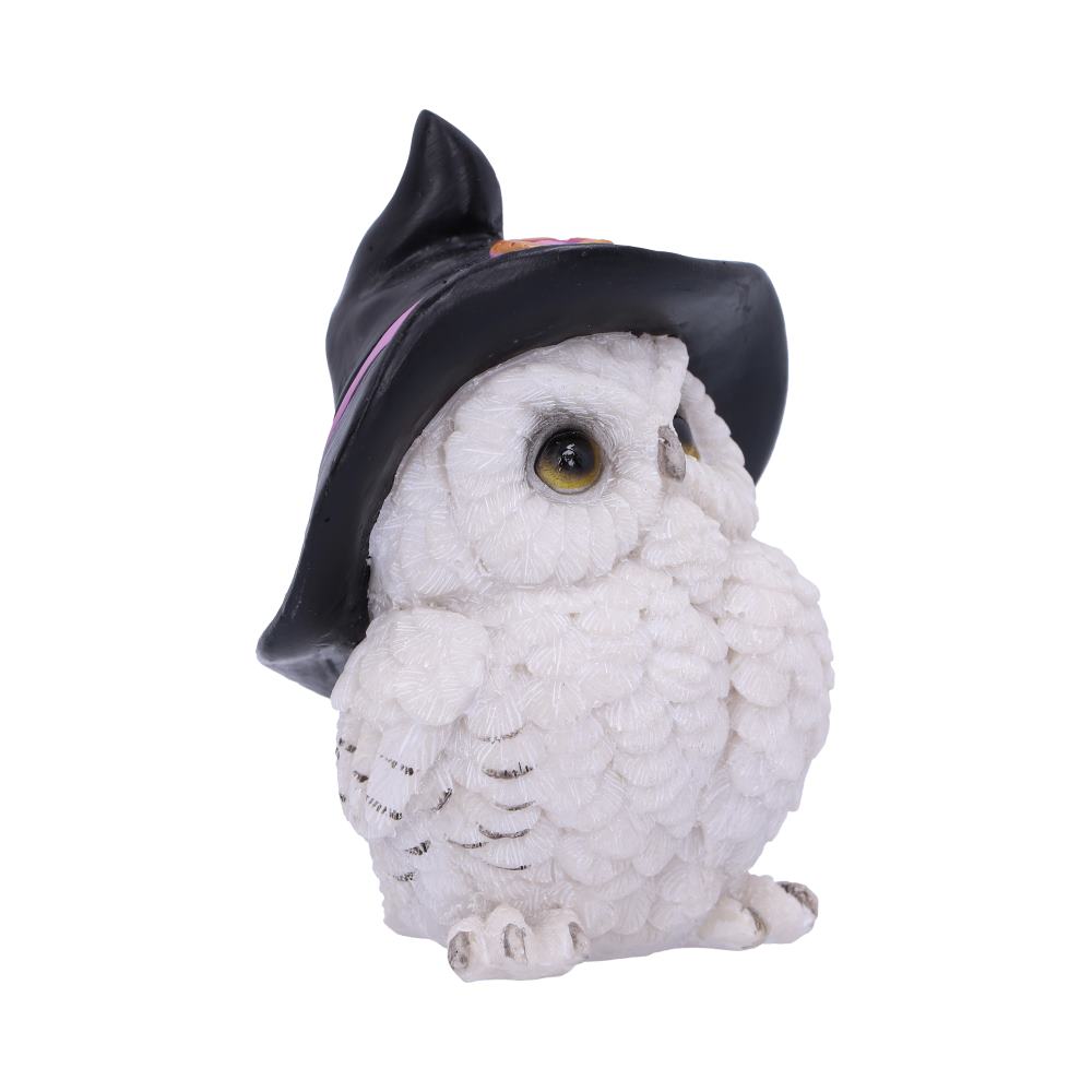 Witchy White Owl Figurine - side view showing hat brim and feather texture
